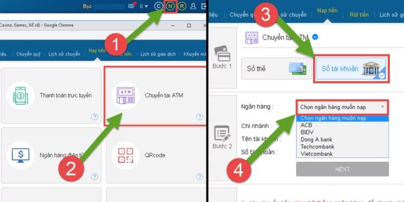 Vào tiền tài khoản cá cược qua ATM